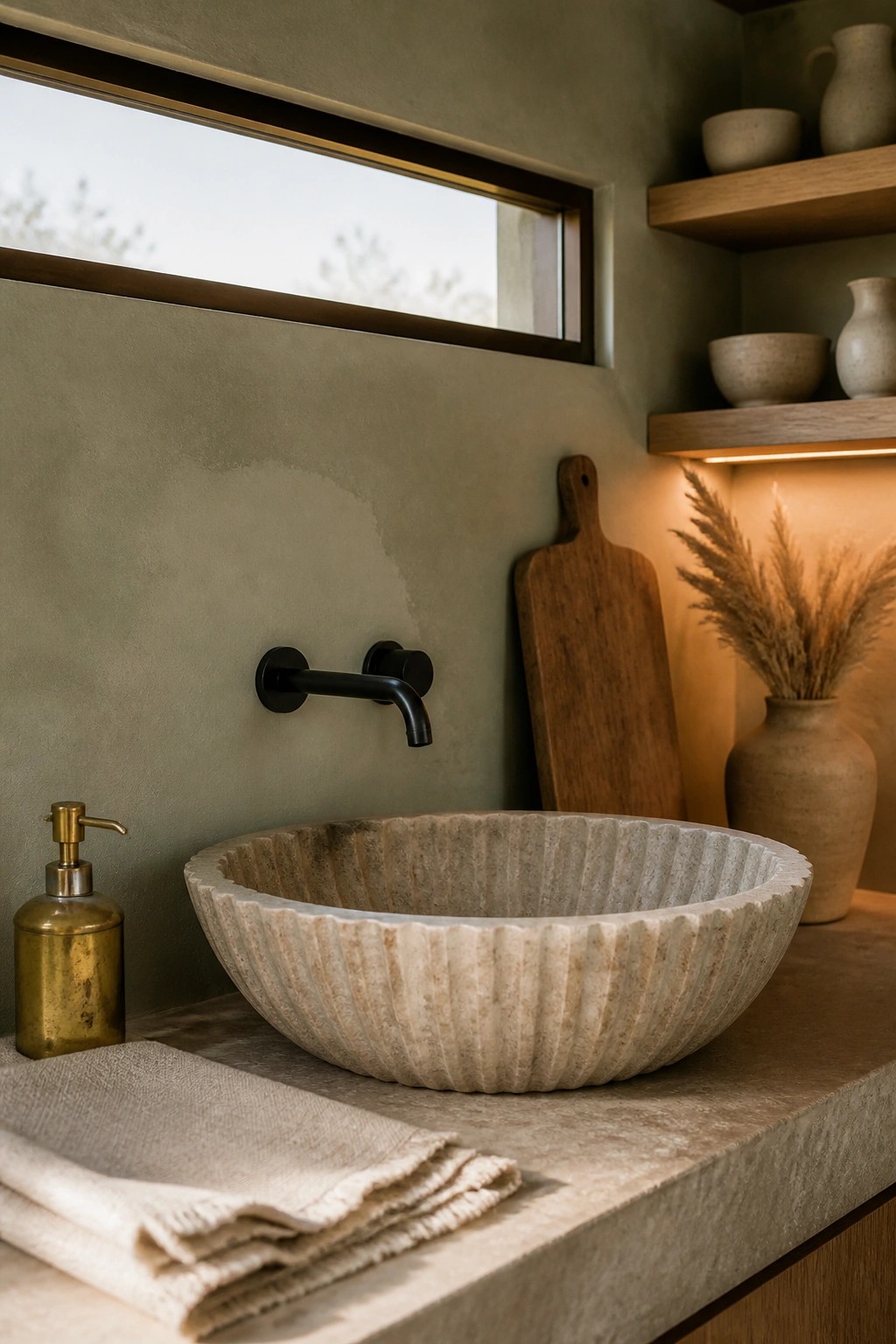 A ribbed stone vessel sink is mounted on a concrete countertop beneath a long horizontal window, with a wall-mounted black faucet and a brass soap dispenser nearby.