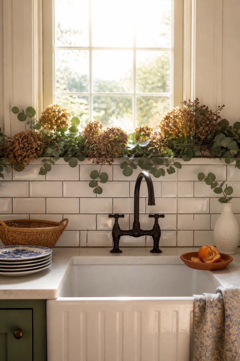 A white farmhouse kitchen sink with a dark metal faucet, white subway tile backsplash, and a long garland of dried hydrangeas and eucalyptus resting on the windowsill.