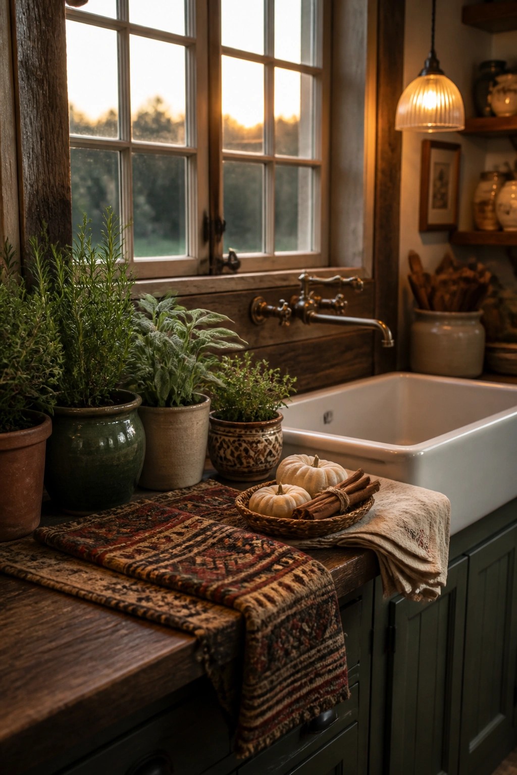 A kitchen sink with a window above it, several potted herbs on the wooden counter, and a basket holding two small white pumpkins beside a patterned runner.
