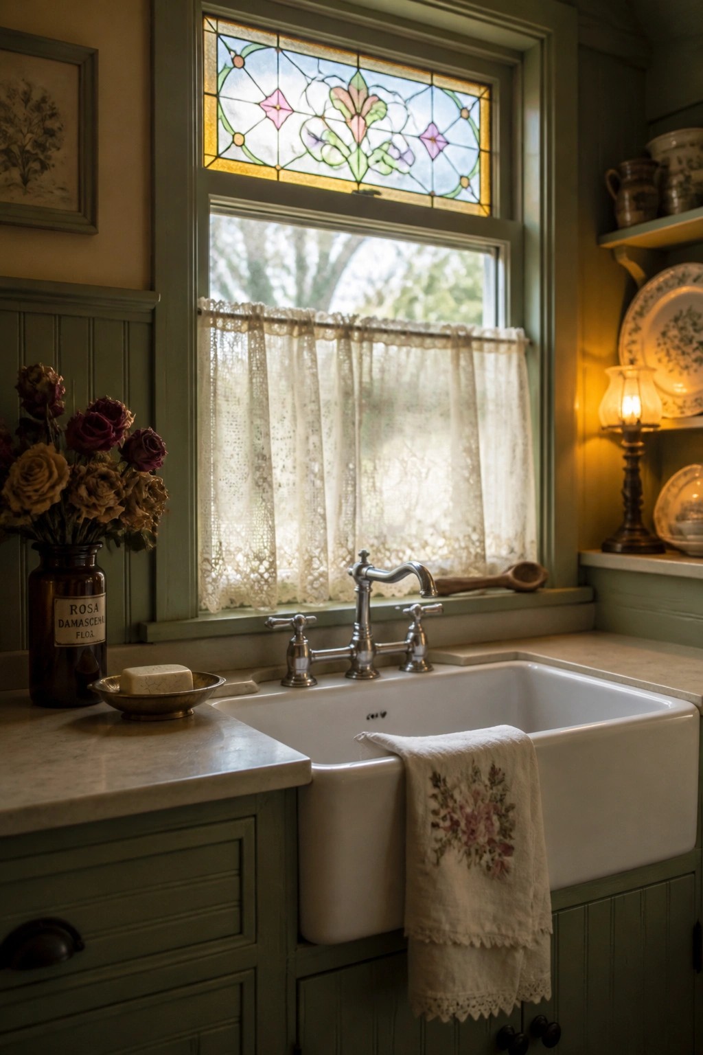 A white farmhouse sink beneath a window with a colorful stained glass panel at the top and a lace curtain below, plus a floral towel draped over the sink edge.