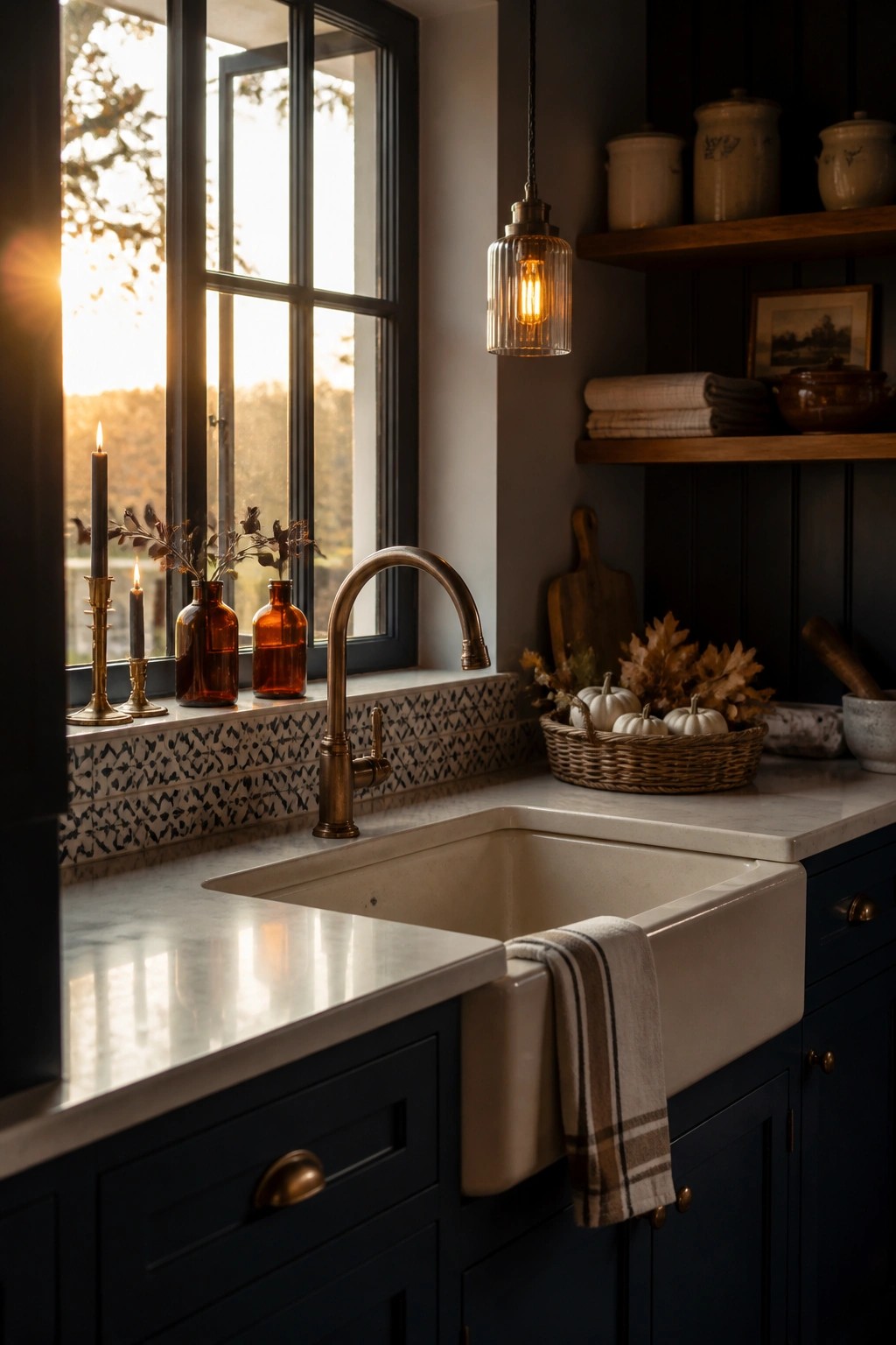 A kitchen sink area featuring a white farmhouse sink under a window, with lit candles and amber bottles arranged on the windowsill.