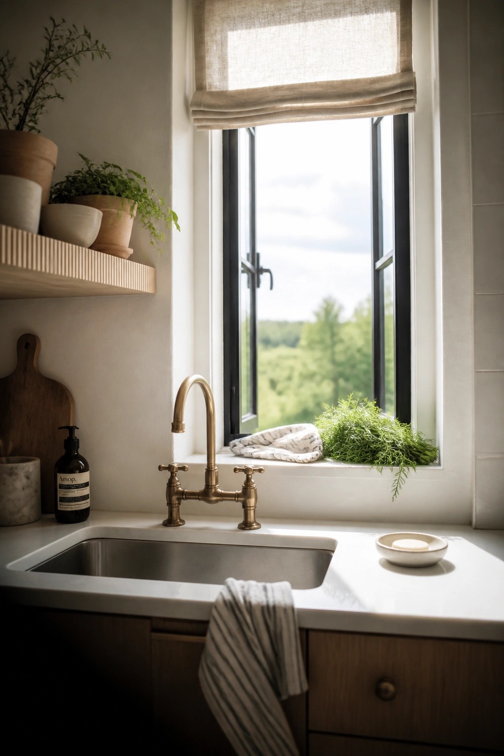 Kitchen sink with brass faucet under window with plants and greenery view