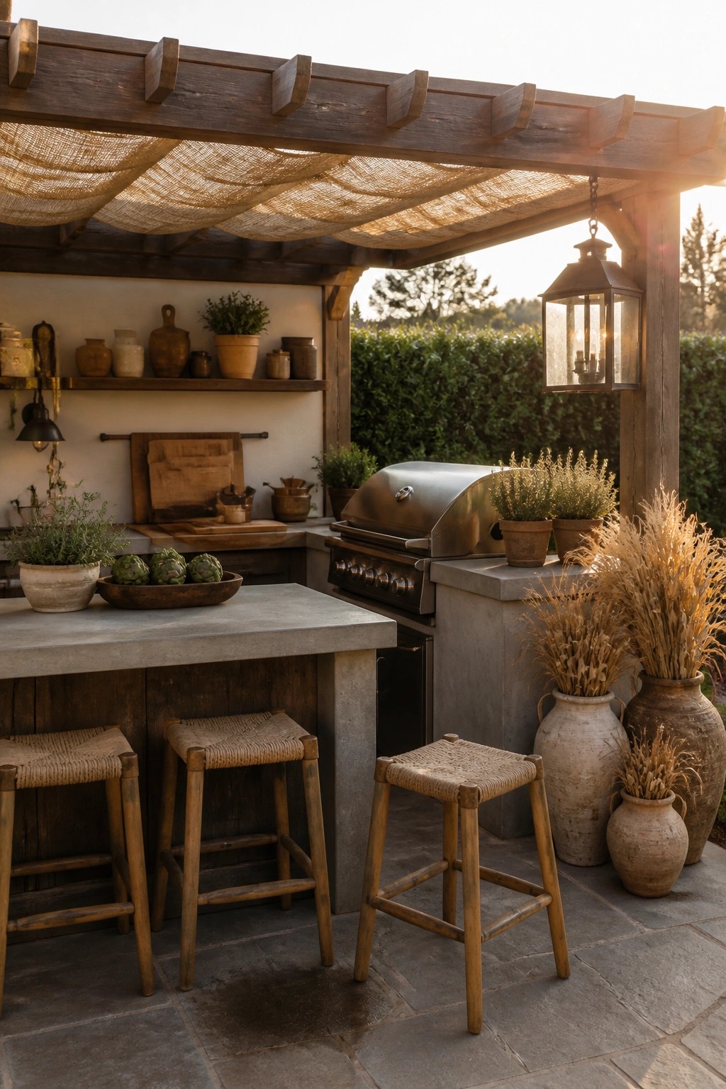 An outdoor kitchen area with a concrete island, wooden stools with woven seats, a stainless steel grill under a pergola, and large clay pots with dried grasses.