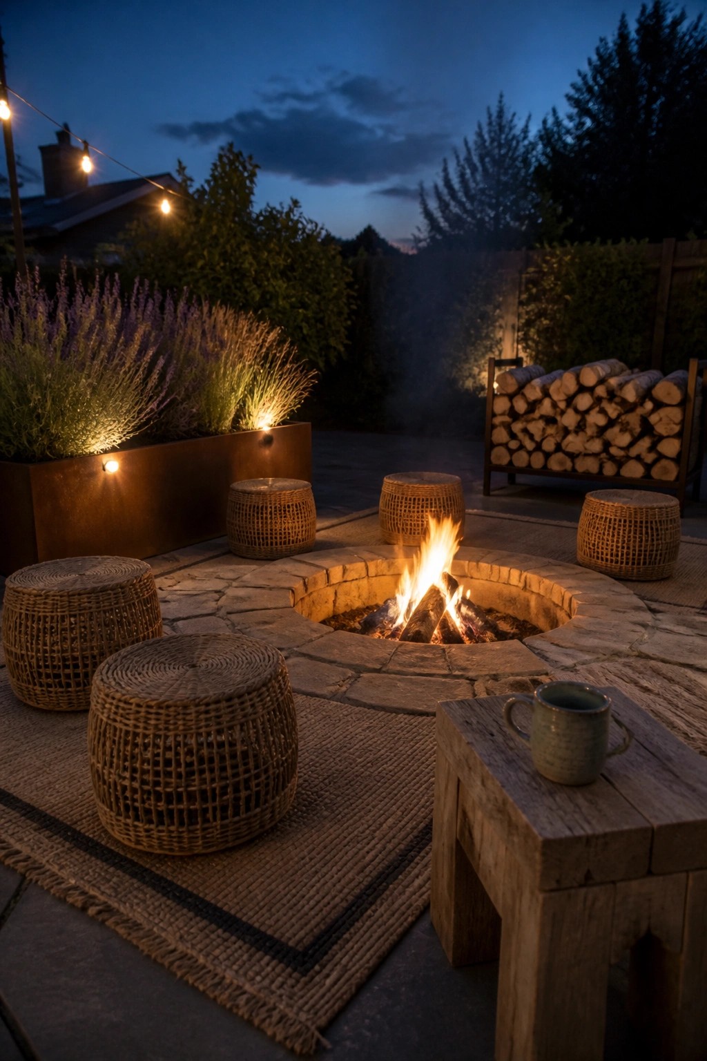 A stone fire pit with burning logs sits at the center of a patio surrounded by woven wicker stools on a rug, with string lights above and stacked firewood in the background.