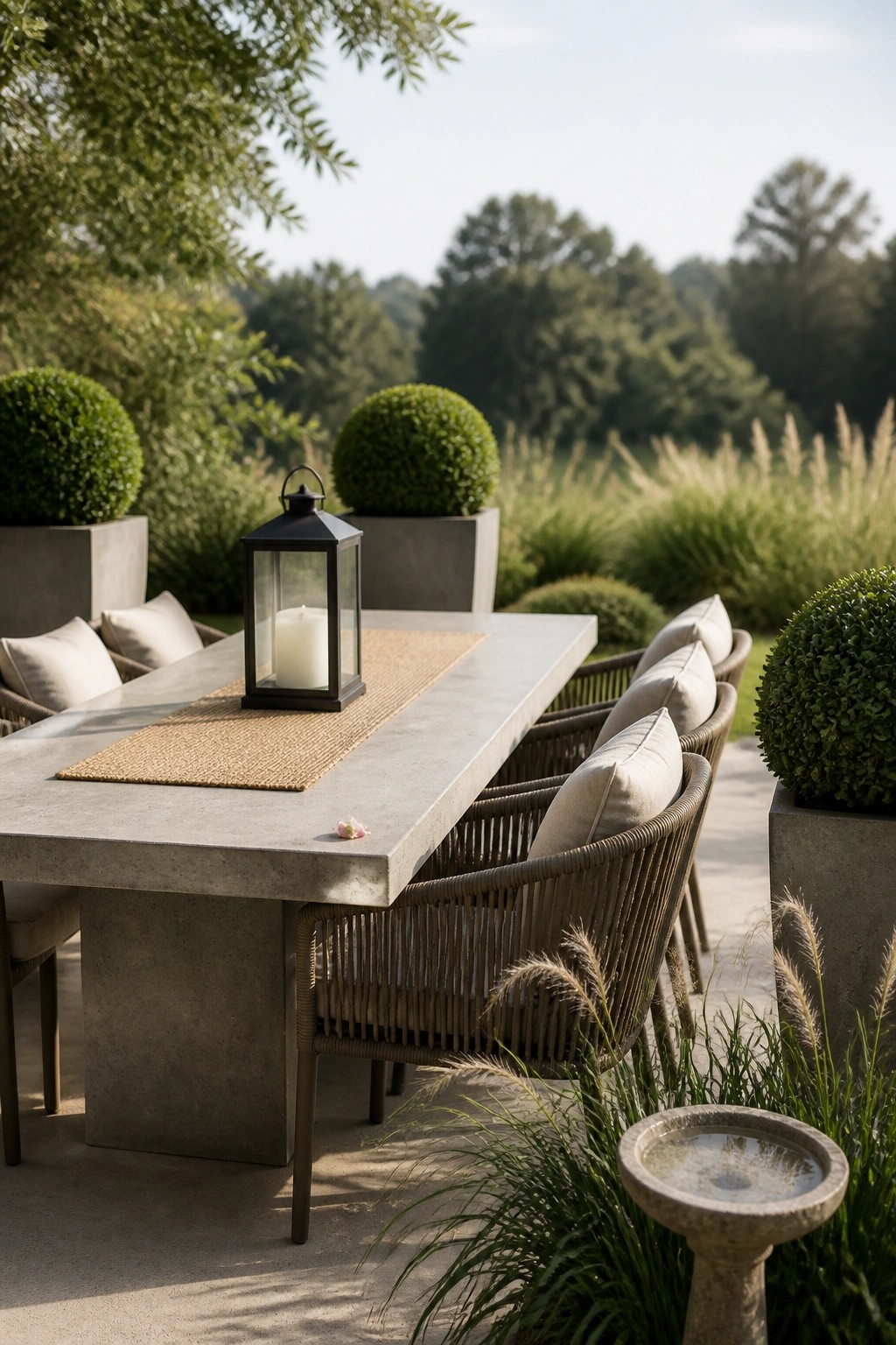 An outdoor concrete dining table with woven chairs, a black lantern, and potted shrubs in a garden setting.