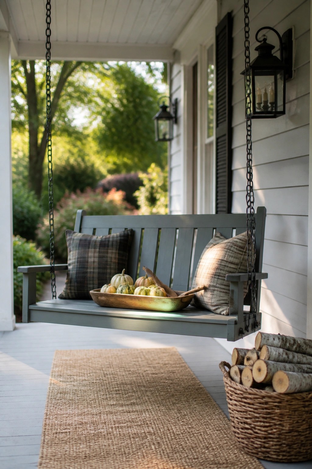 Gray porch swing with plaid pillows, pumpkin bowl, and firewood basket on autumn porch