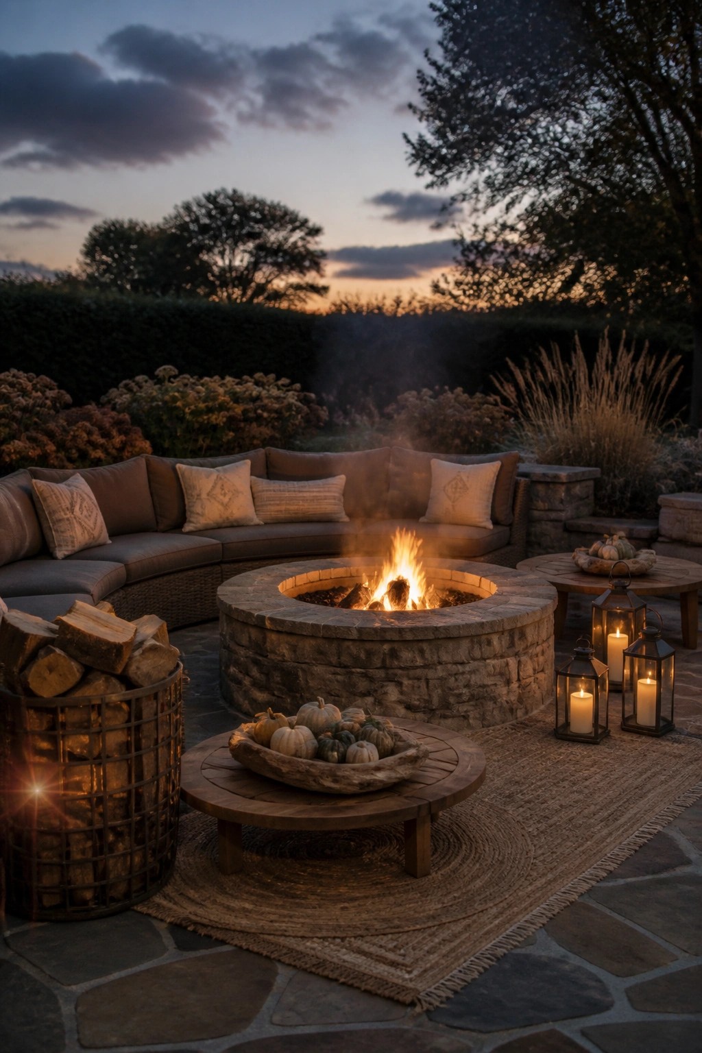 A round stone fire pit sits at the center of a curved outdoor sectional on a stone patio, with wooden tables, lanterns, a bowl of small pumpkins, and a metal basket of firewood nearby at dusk.