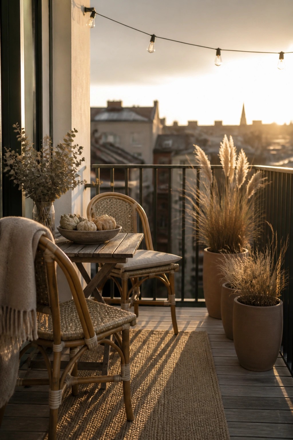A wooden balcony with woven rattan chairs, a small table holding a bowl of pumpkins, several large pots of dried grasses, and string lights overhead against a city skyline at sunset.