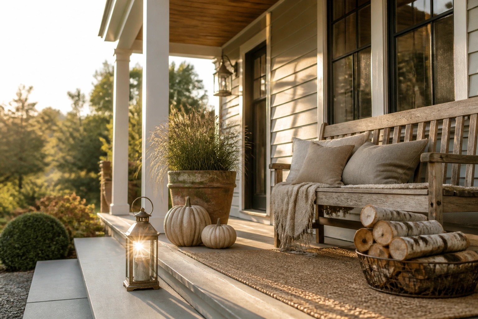 A wooden bench with neutral pillows and a throw rests on a porch beside small pumpkins, a potted grass plant, and a lantern.