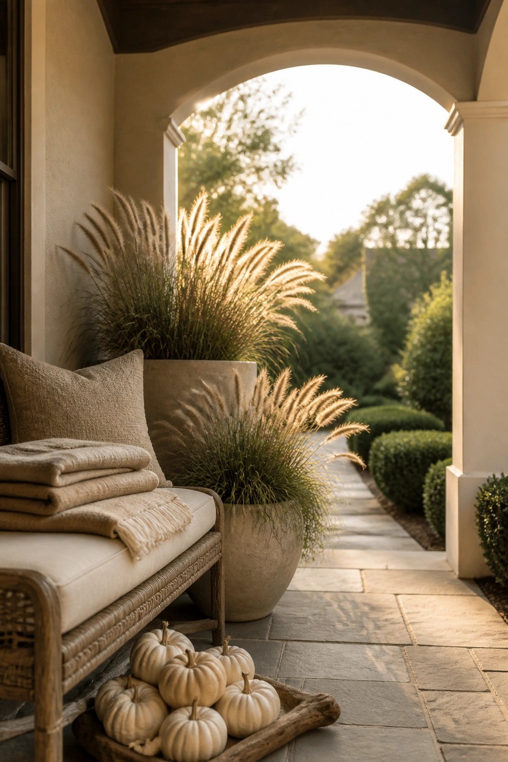 A covered stone porch with a wooden bench holding beige cushions and folded neutral blankets, white pumpkins on a wooden tray in front, and two large potted grasses beside an arched opening to a garden path.