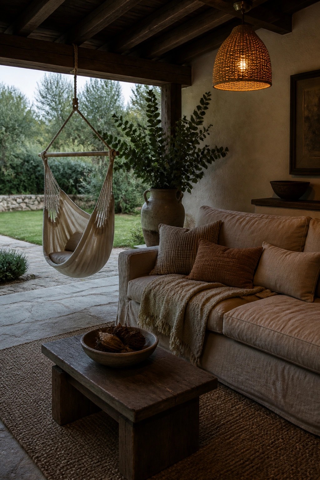 Rustic patio with hanging chair, beige sofa, wooden table, and woven pendant light