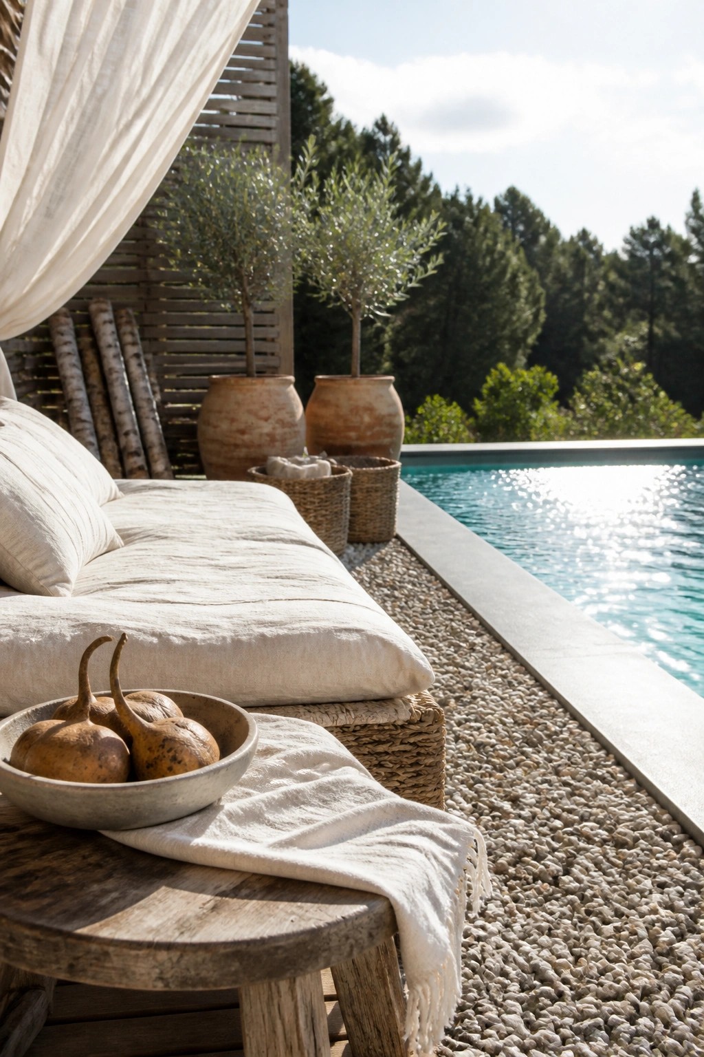 Sunny poolside lounge with white linen sofa, wooden table, pool and olive trees.