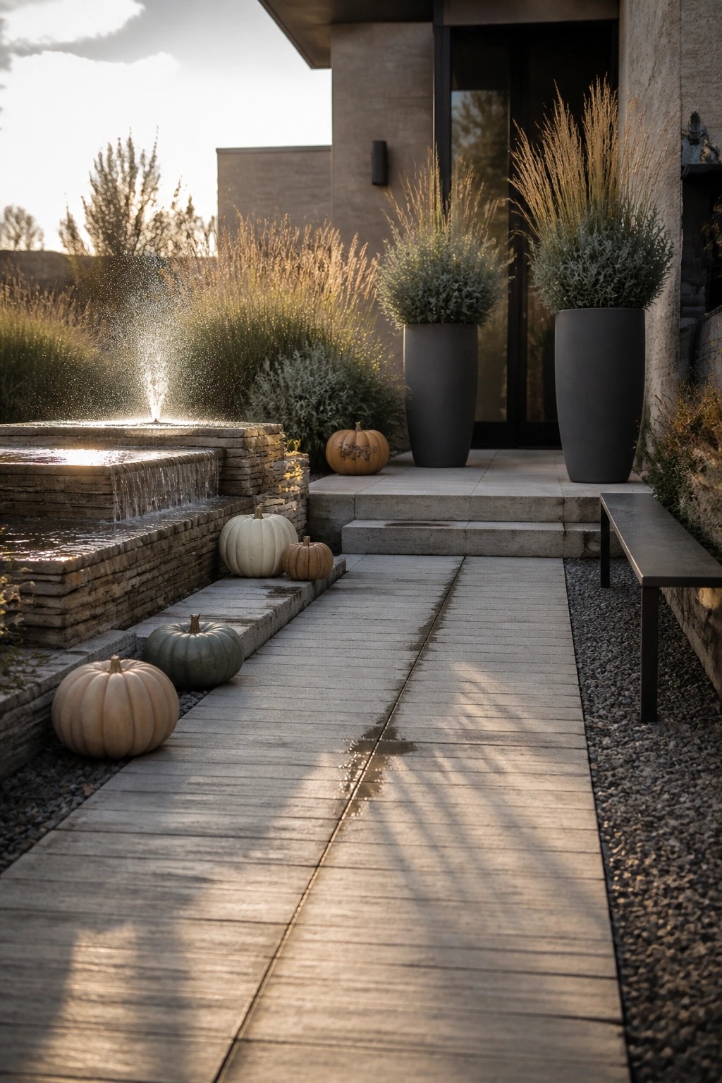 Modern house entry with a wooden plank path lined with neutral pumpkins, large gray planters with tall grasses, and a stone water feature beside the steps.
