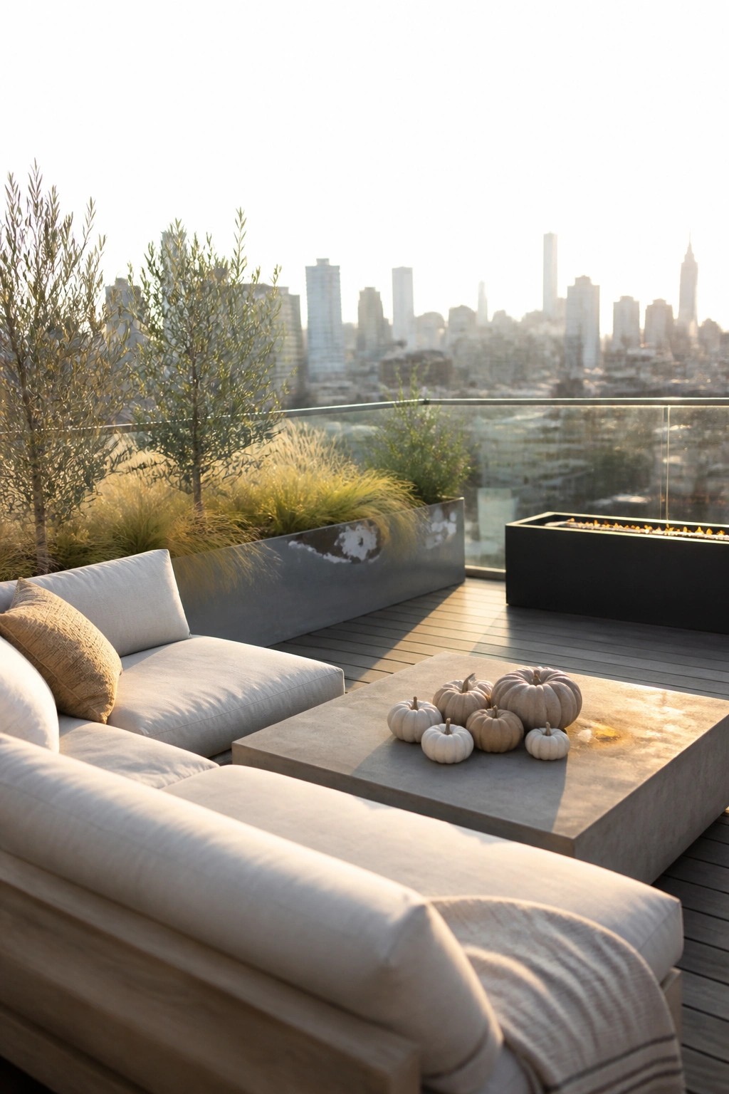 Modern rooftop terrace with white sectional sofa, pumpkin-topped concrete table, and city skyline view.