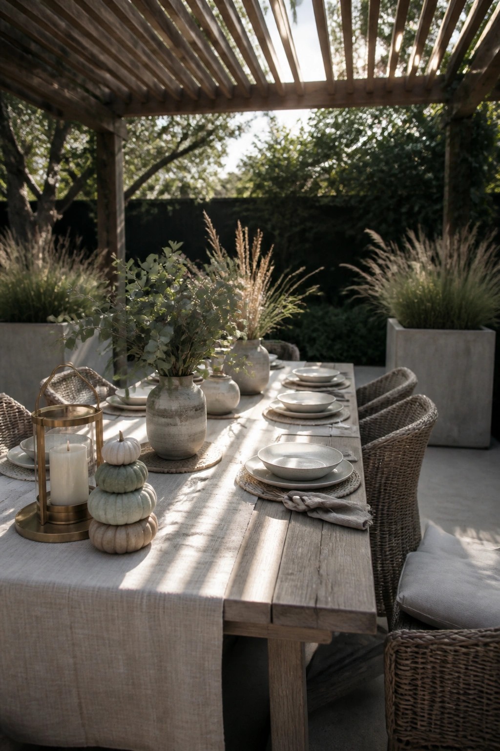 A long wooden outdoor dining table under a pergola, set with neutral dishes, a linen runner, stacked mini pumpkins, and ceramic vases holding greenery and dried grasses.