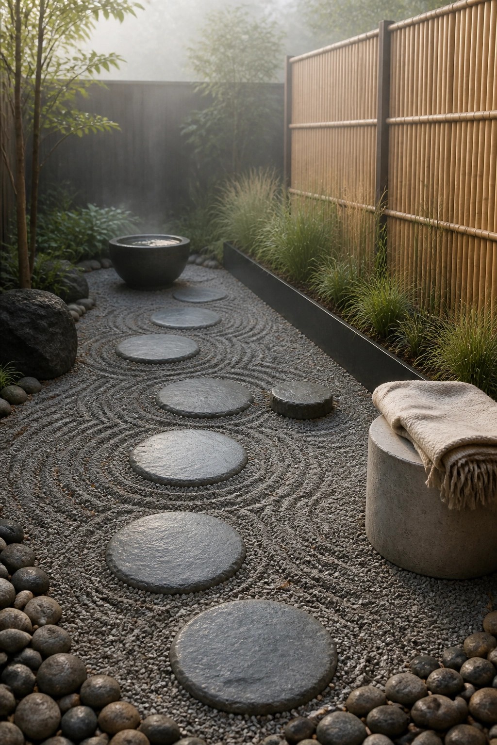 A narrow garden path lined with large round stepping stones set in raked gray gravel, next to a bamboo fence and ornamental grasses.