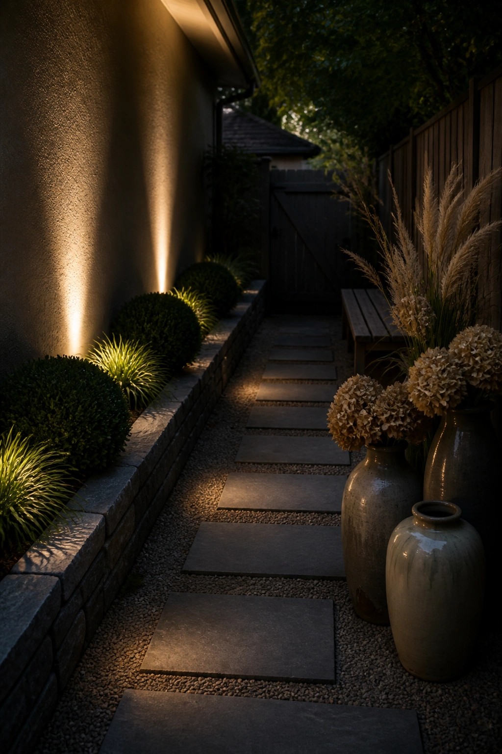 A narrow outdoor path of rectangular stone pavers set in gravel, lined with low shrubs and ornamental grasses on one side and large ceramic vases holding dried flowers on the other, with warm wall lighting at dusk.