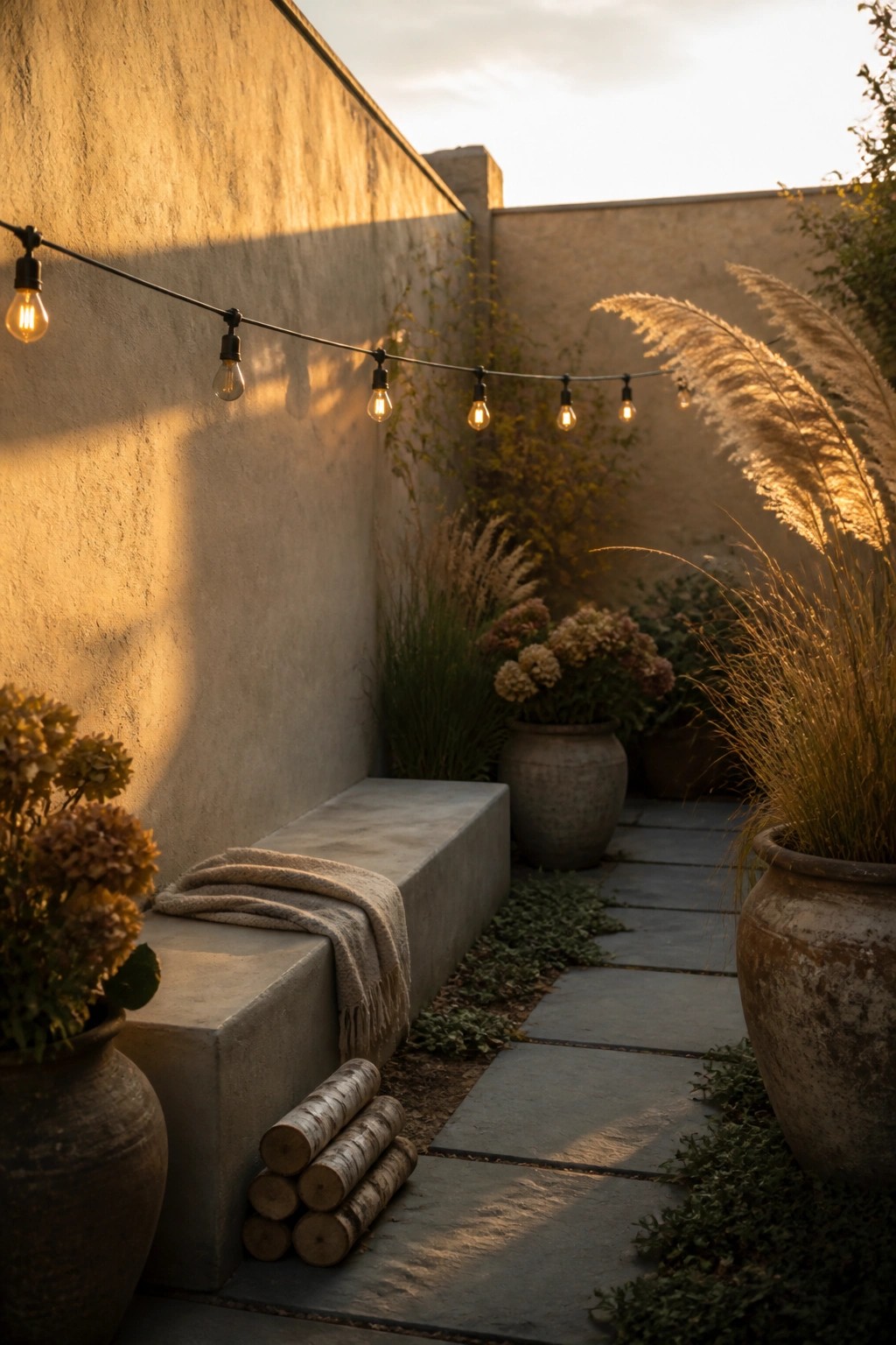 An outdoor courtyard features a concrete bench with a folded throw, string lights mounted along a stucco wall, large weathered pots with grasses and flowers, and a stone paver path.