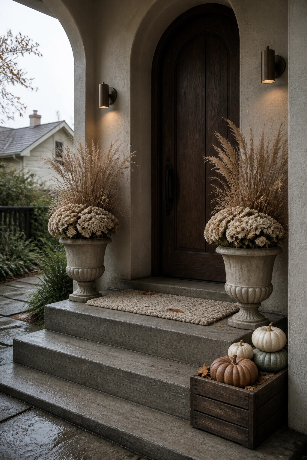 Stone steps to arched wooden door with floral urns, pampas grass, and pumpkin crate