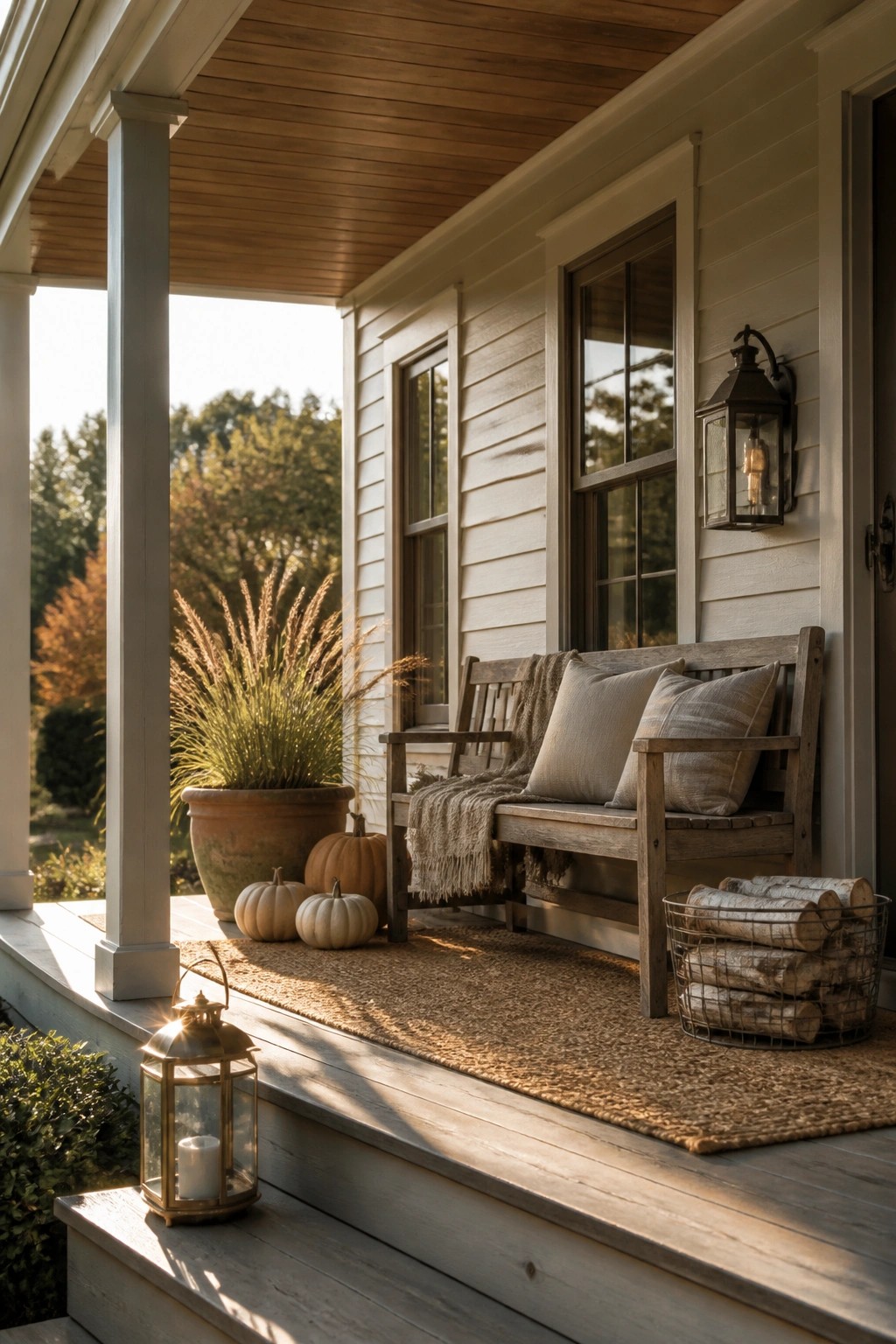 A wooden bench with neutral pillows and a throw rests on a porch beside small pumpkins, a potted grass plant, and a lantern.