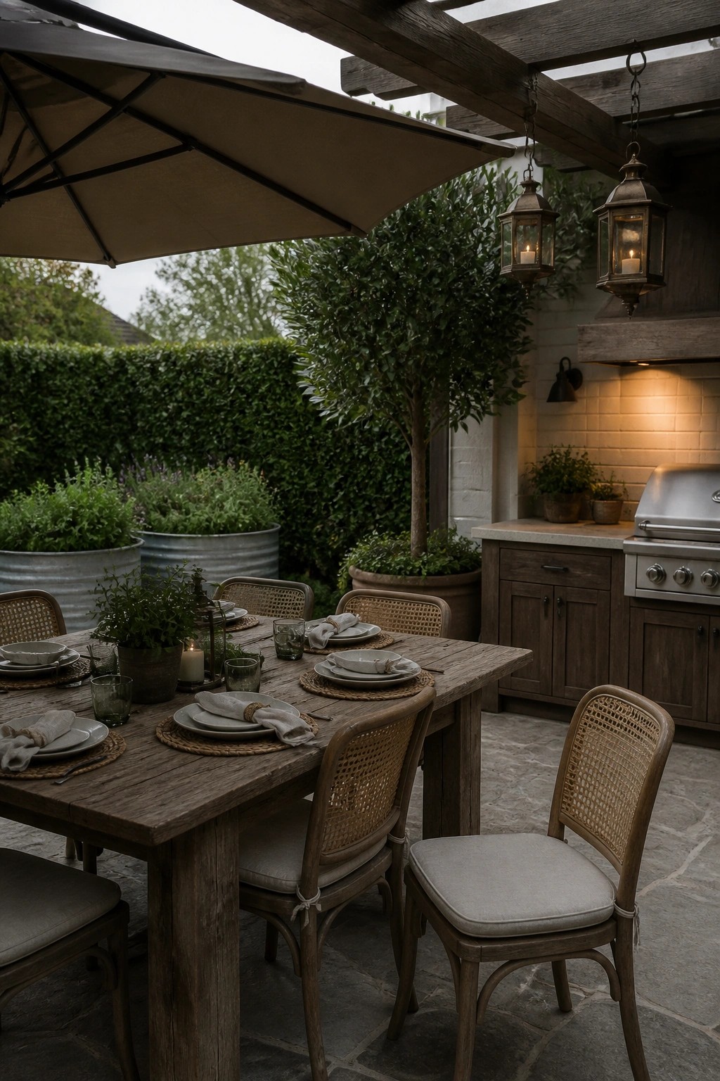 An outdoor wooden dining table set with plates, napkins, and glassware under a pergola beside an outdoor kitchen area with hanging lanterns.