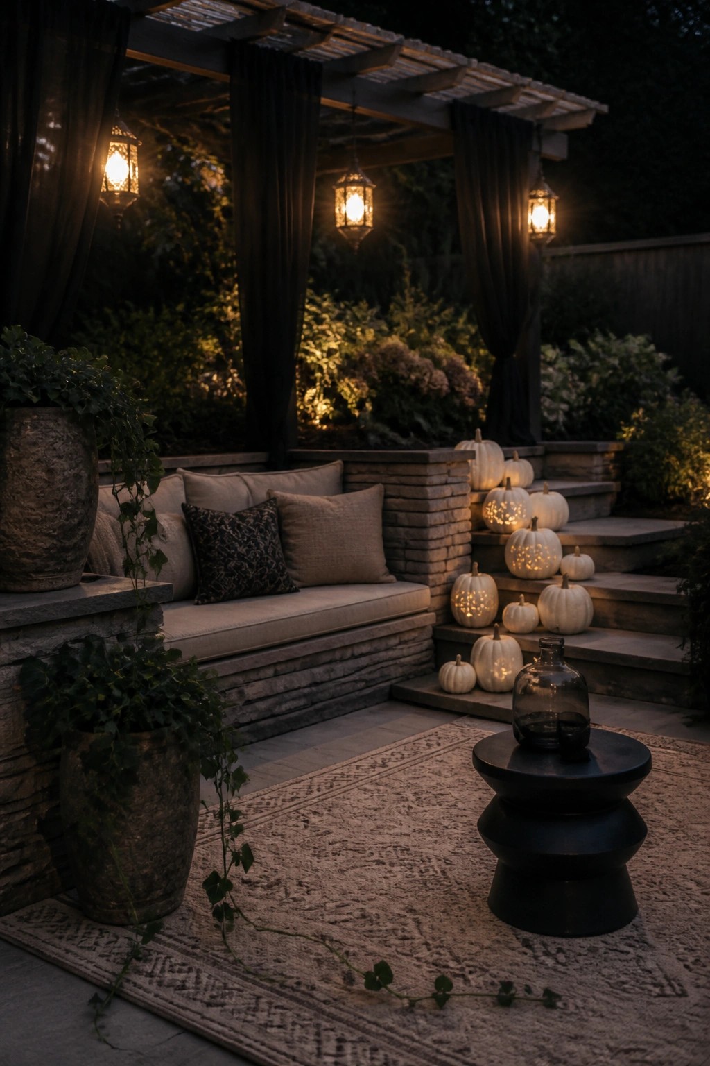 Cozy nighttime patio with glowing pumpkins, lanterns, stone bench, and potted plants.
