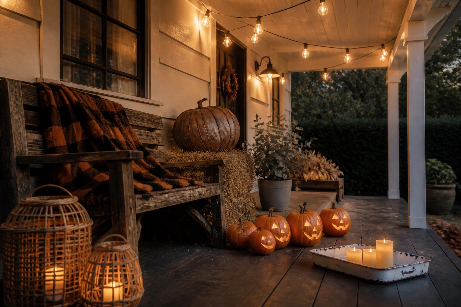 A wooden front porch at dusk decorated with glowing jack-o'-lanterns, hay bales, string lights, and a bench with a plaid blanket.