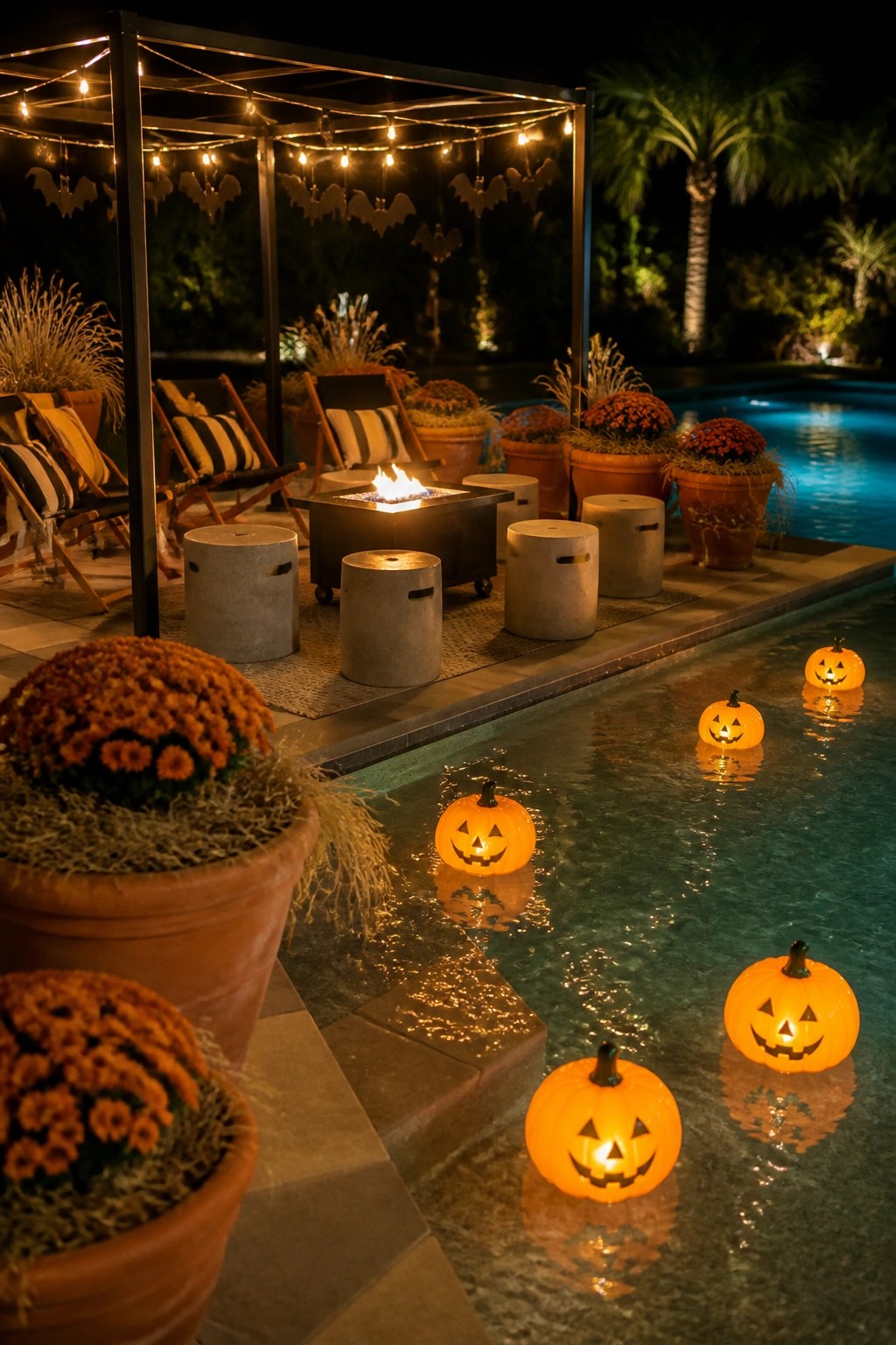 Nighttime view of a pool with several lit jack-o'-lanterns floating in the water, surrounded by a patio with a fire pit, string lights, and potted flowers.