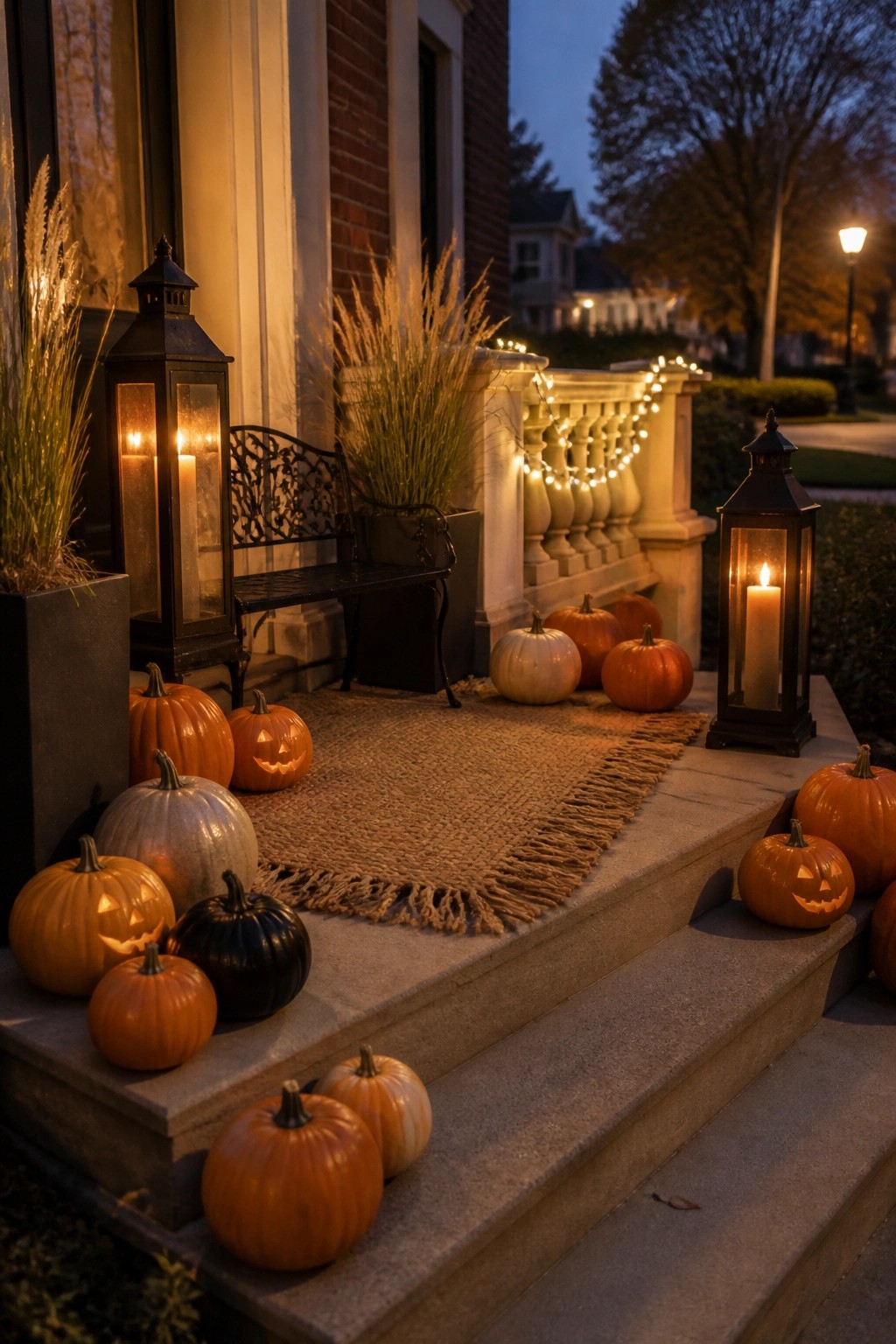 A brick house porch at dusk with multiple black lanterns, carved pumpkins, and string lights along the railing and steps.