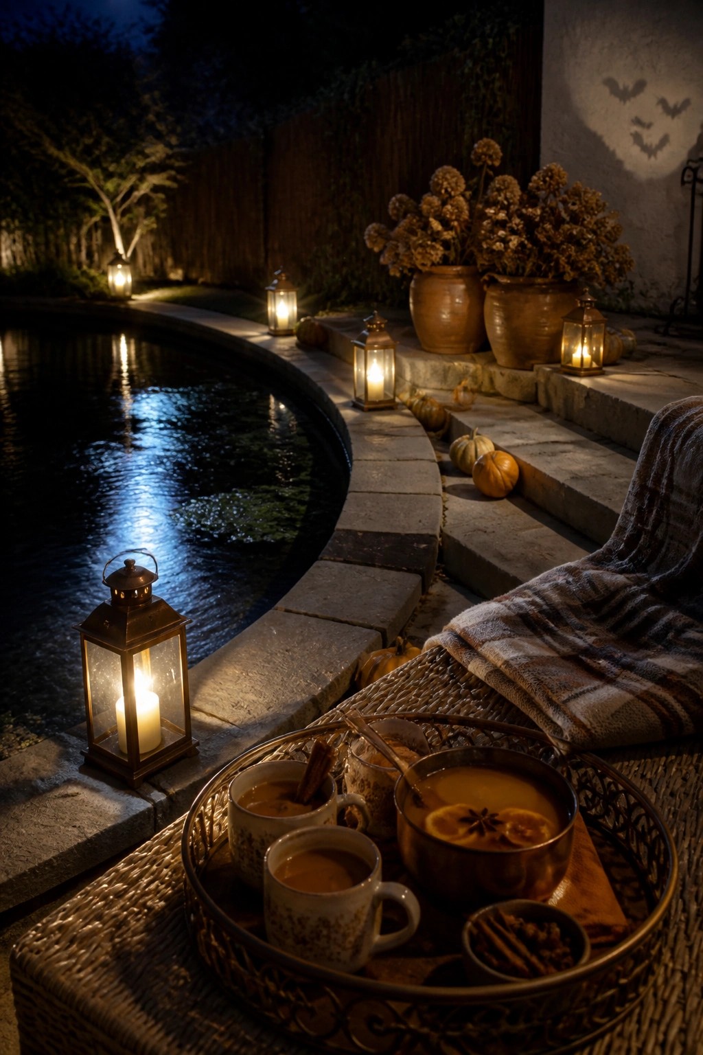 A nighttime scene of a curved pool lined with lit lanterns, small pumpkins on stone steps, and a tray holding mugs and a bowl on a woven surface.