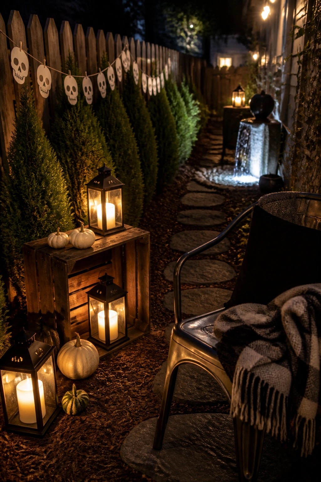 A nighttime garden scene with glowing lanterns and small pumpkins along a stone path, a skull garland on a wooden fence, and a metal chair with a blanket in the foreground.