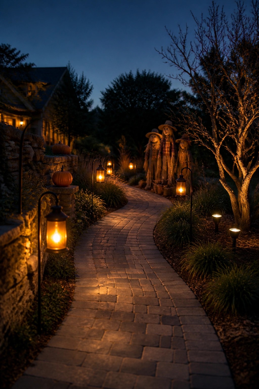 A brick garden path lined with glowing lanterns at dusk, with scarecrows standing among plants and a stone wall with pumpkins on the left.