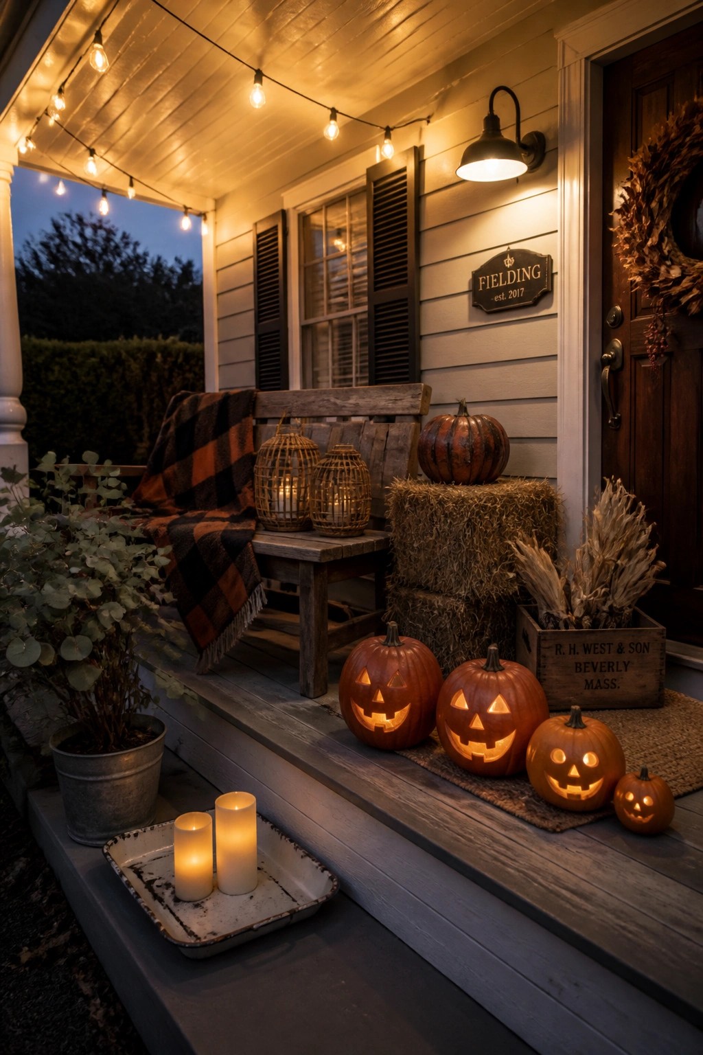 A wooden front porch at dusk decorated with glowing jack-o'-lanterns, hay bales, string lights, and a bench with a plaid blanket.
