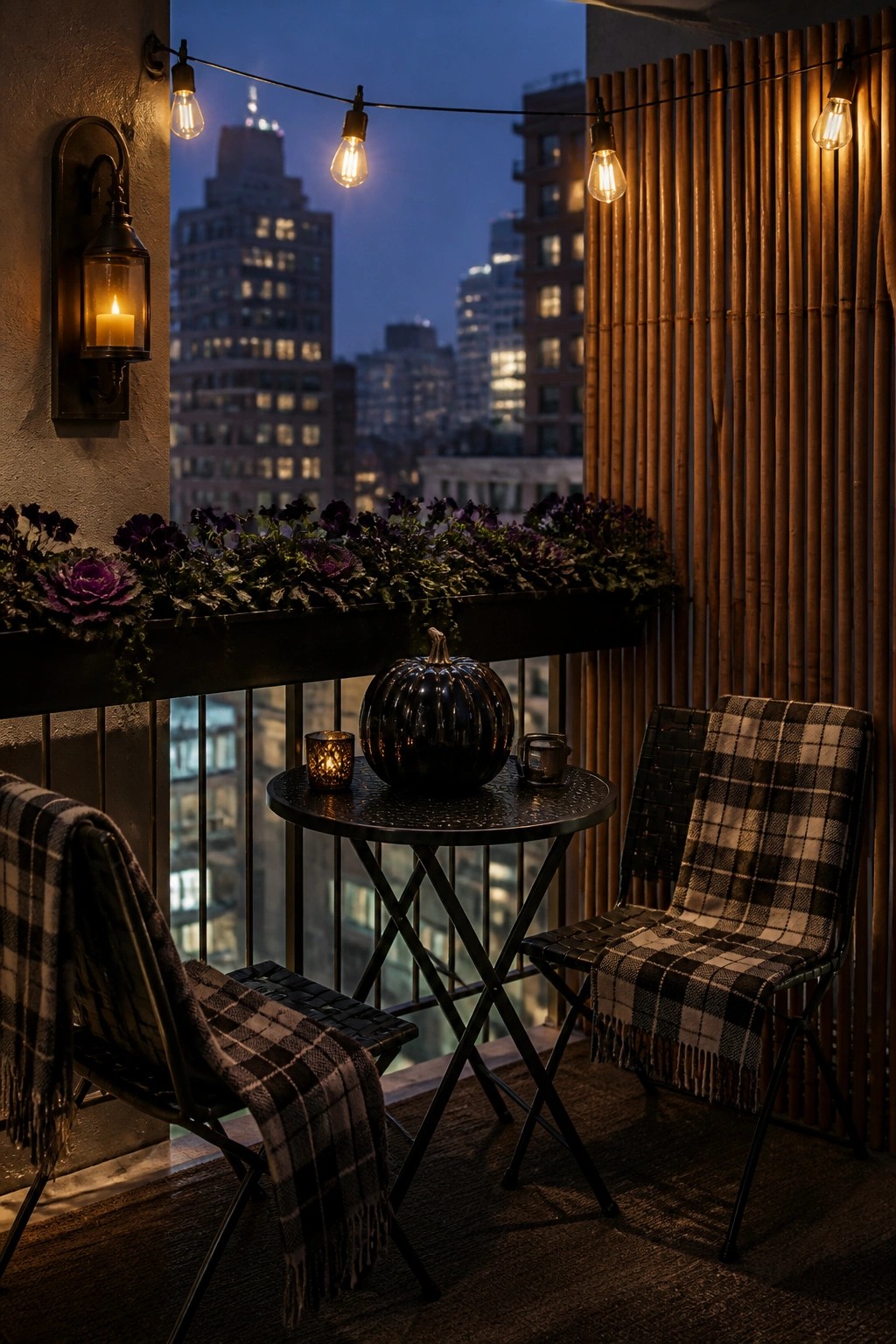Outdoor balcony at dusk with two plaid-covered chairs, a round table holding a black pumpkin and candles, string lights overhead, a wall lantern, and a planter of purple flowers against a city skyline.