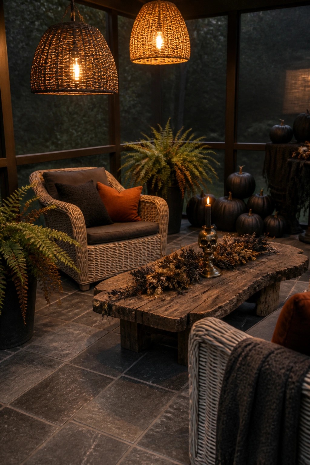 A screened outdoor porch at dusk with wicker armchairs, a rustic wood coffee table holding black pumpkins and a skull candle holder, two glowing woven pendant lights overhead, and ferns in pots.
