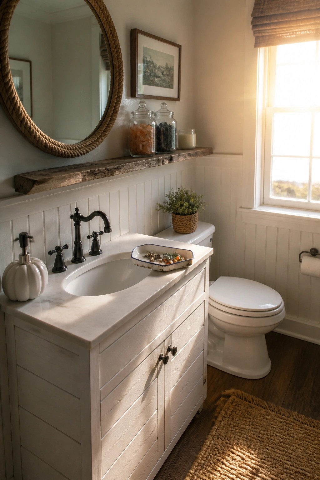 A bathroom vanity with white marble countertop, black faucet, white pumpkin soap dispenser, wooden floating shelf holding glass jars, and a toilet beside a window.