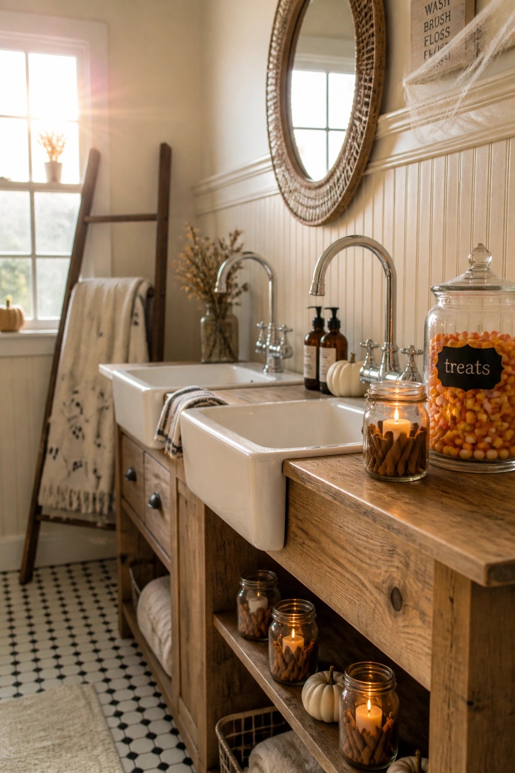 A bathroom vanity with two white farmhouse sinks on a wooden counter, several glass jars holding lit candles surrounded by cinnamon sticks, a large jar of candy corn, and small white pumpkins.