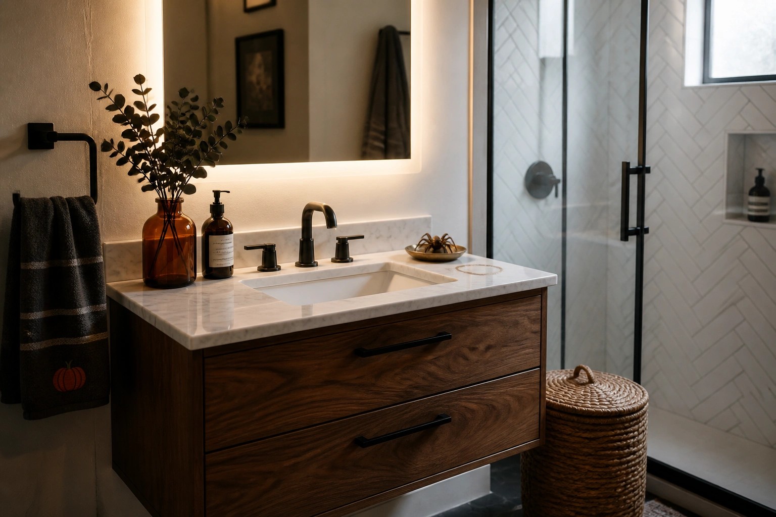 A modern bathroom with a floating wood vanity, marble countertop, backlit mirror, and black towels printed with orange pumpkins.
