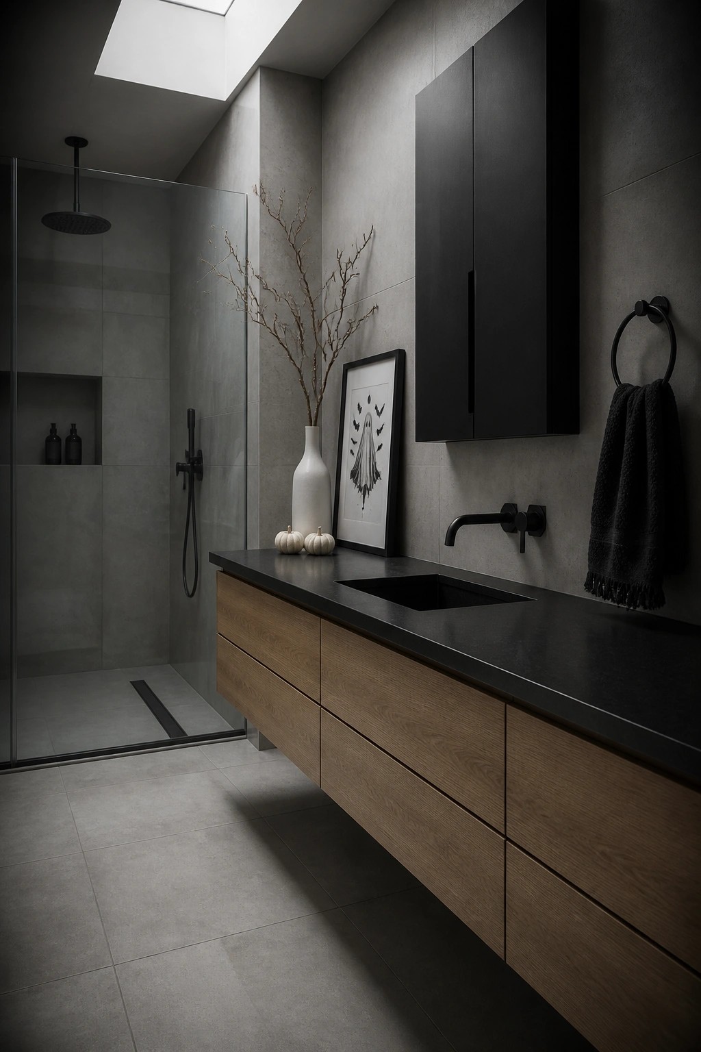 A modern bathroom featuring a floating wood vanity with black countertop and sink, black fixtures, and a framed ghost and bat print displayed with two small white pumpkins.