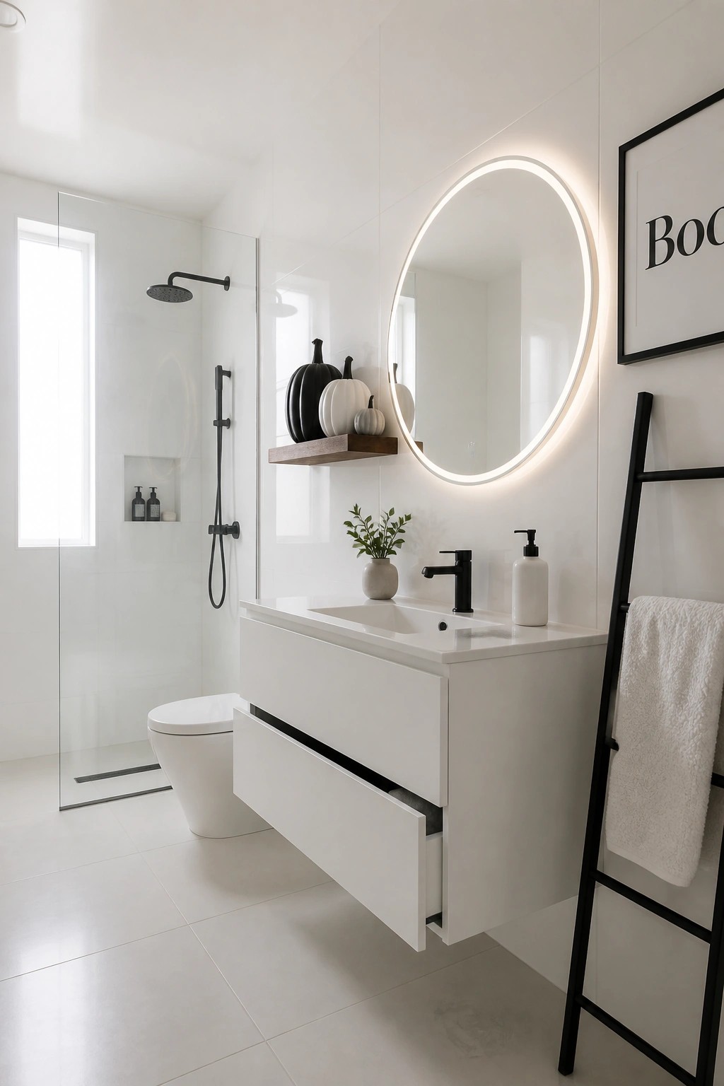 A modern white bathroom featuring a floating vanity with open drawers, a round backlit mirror, and several pumpkins placed on a wooden wall shelf.