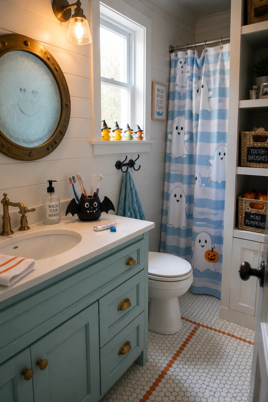 A bathroom with a blue and white striped shower curtain printed with white ghosts, a teal vanity, round mirror, and small Halloween accents like rubber ducks with witch hats and a bat shaped toothbrush holder.
