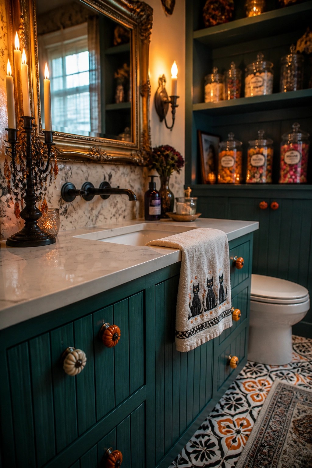 Dark green vanity with marble sink, pumpkin knobs, cat towel, and lit candles