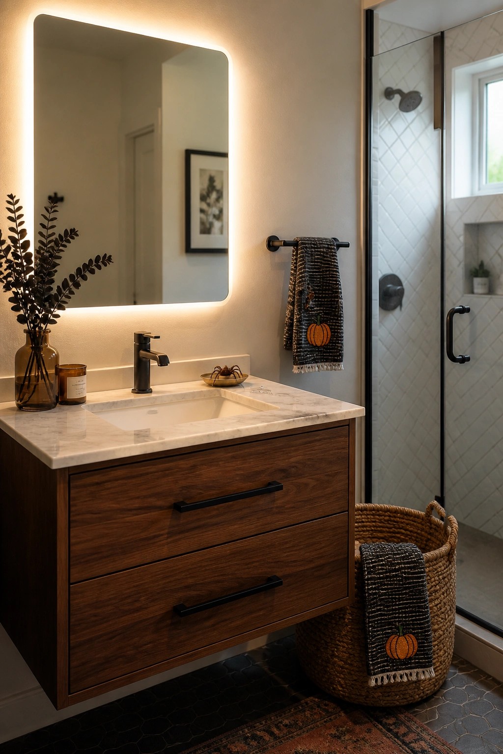 A modern bathroom with a floating wood vanity, marble countertop, backlit mirror, and black towels printed with orange pumpkins.