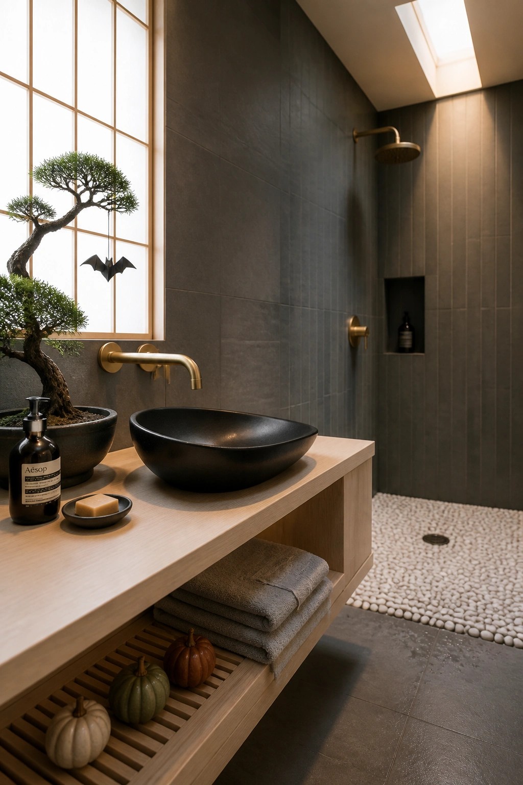 A modern bathroom vanity with a black vessel sink on a light wood counter, a soap bottle, small dish, and miniature pumpkins on the lower shelf.