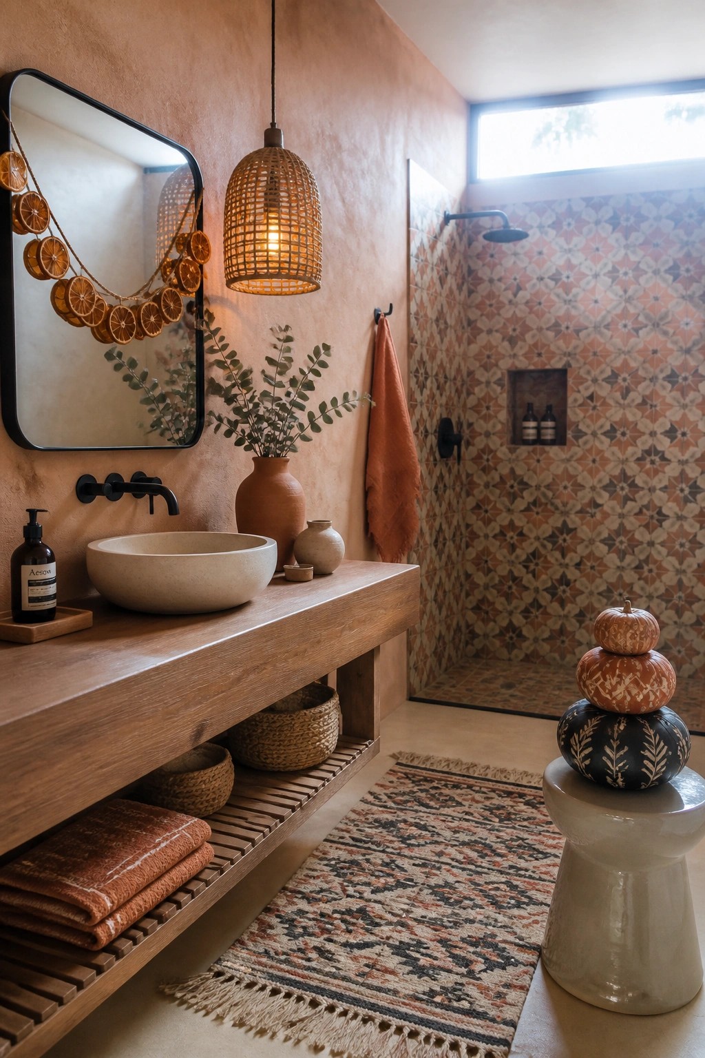 A bathroom interior with a wooden vanity, stone sink, black-framed mirror with dried orange garland, patterned tile shower, and stacked pumpkins on a stool.