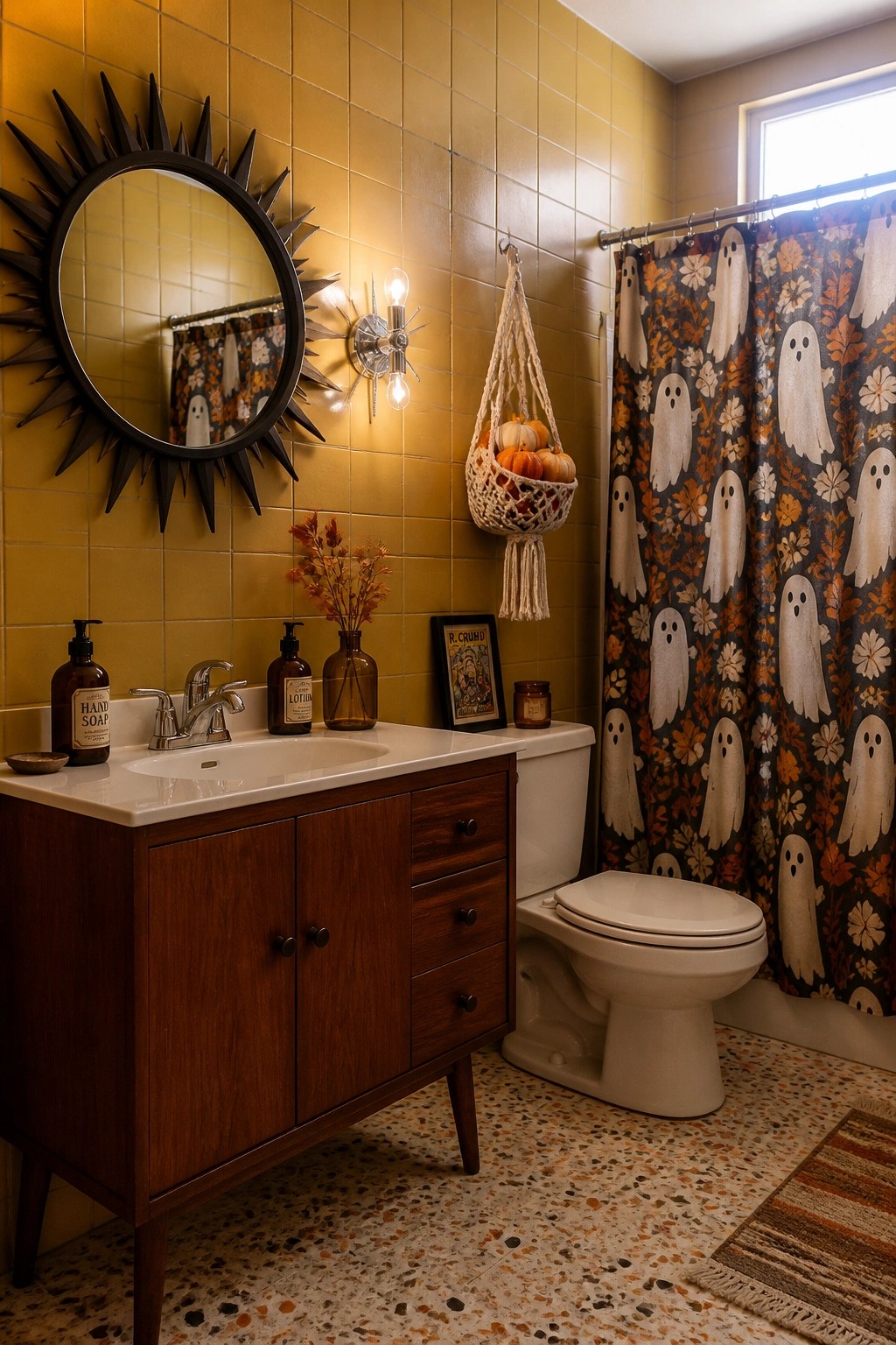 A bathroom with yellow tiled walls features a white vanity, toilet, and shower curtain printed with white ghosts and fall leaves, along with a round black sunburst mirror above the sink.