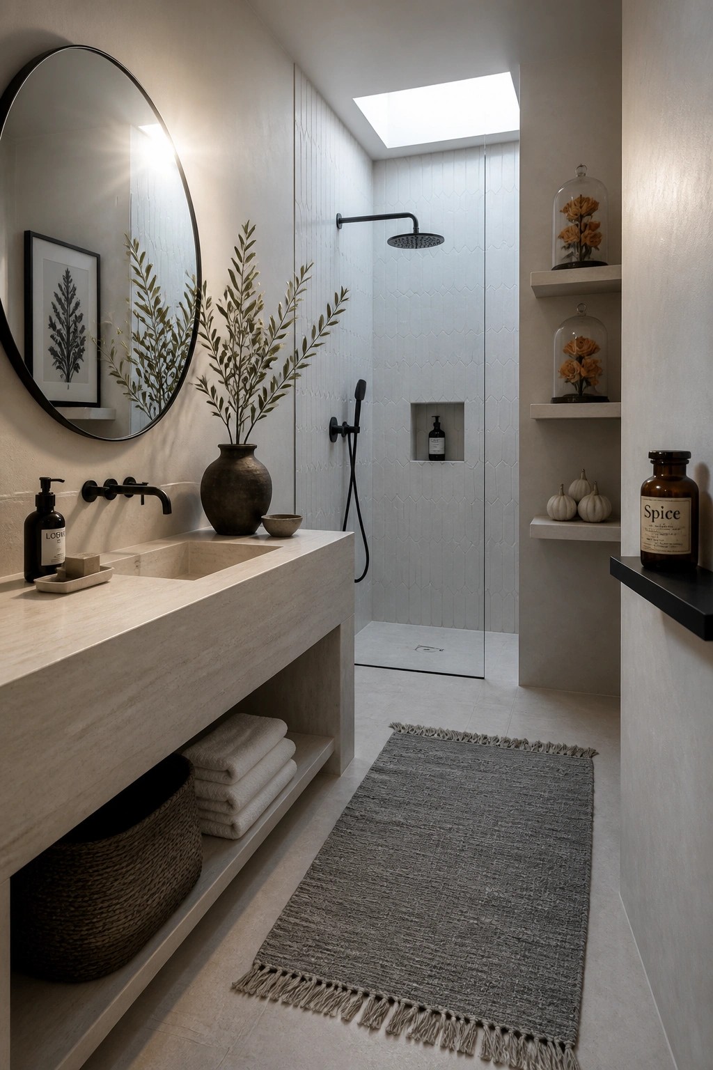 Modern minimalist bathroom with stone vanity, round mirror, and tiled shower