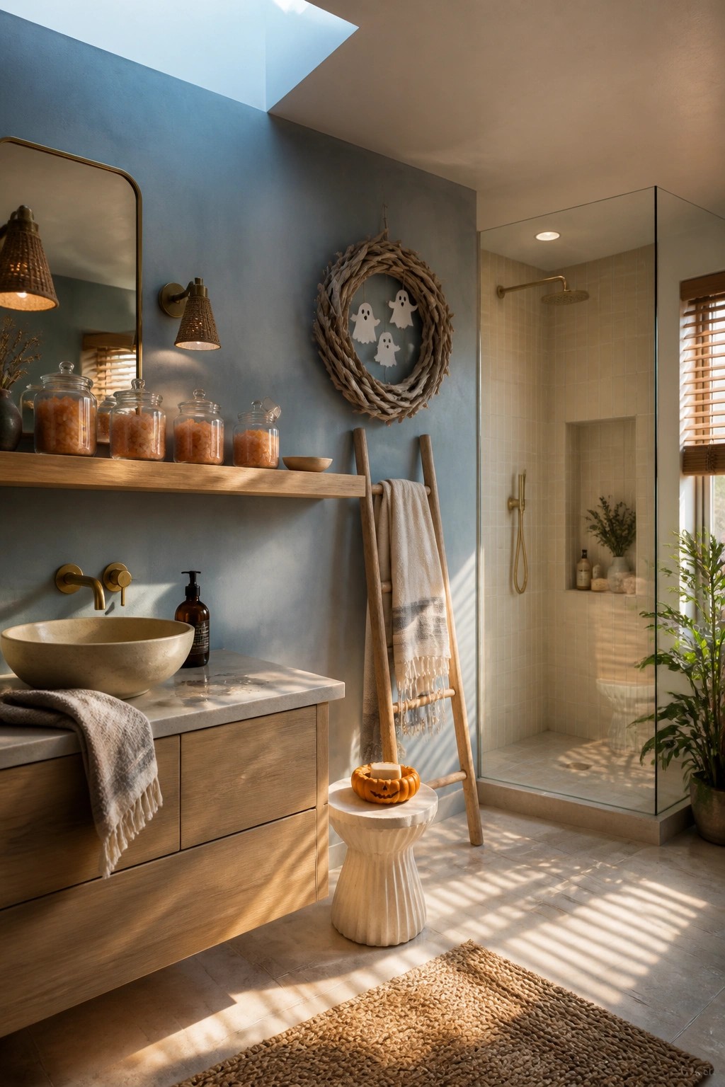 A bathroom with blue walls shows a large twig wreath decorated with three white ghost cutouts hanging above a wooden towel ladder, next to a glass shower.