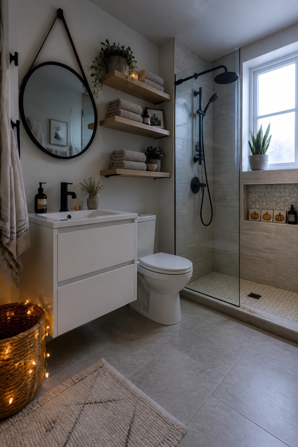 Modern bathroom with white vanity, round mirror, wooden shelves, and glass shower.