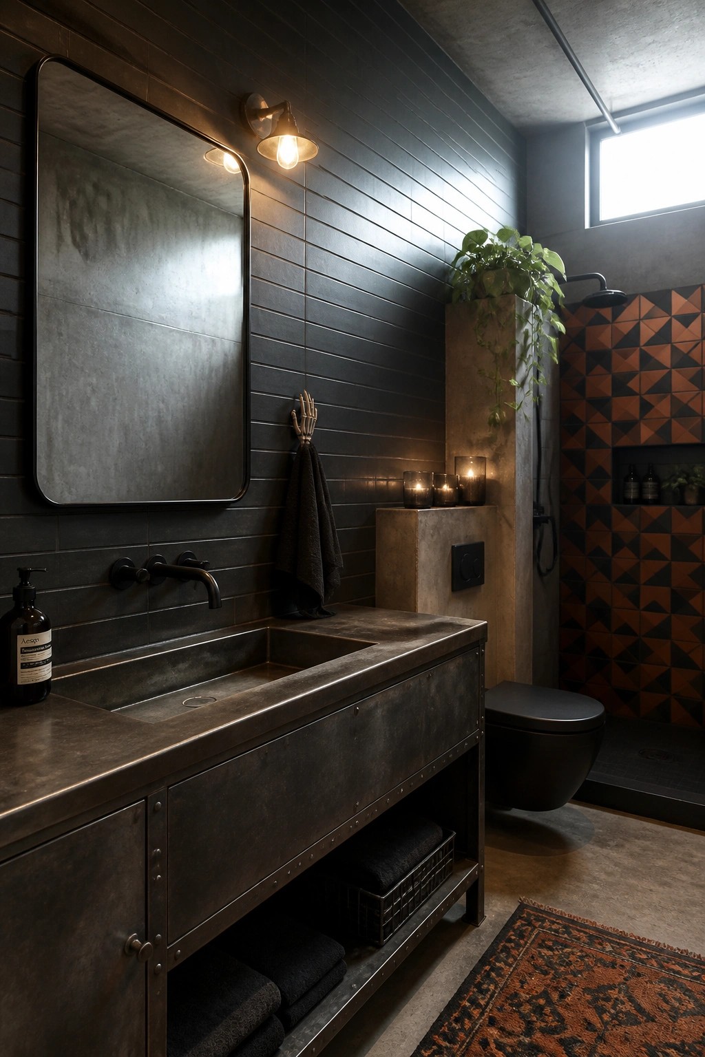 A modern dark bathroom with a large metal-framed mirror above a concrete sink, a skeleton hand towel holder, lit candles on a ledge, and an orange geometric tiled shower area.
